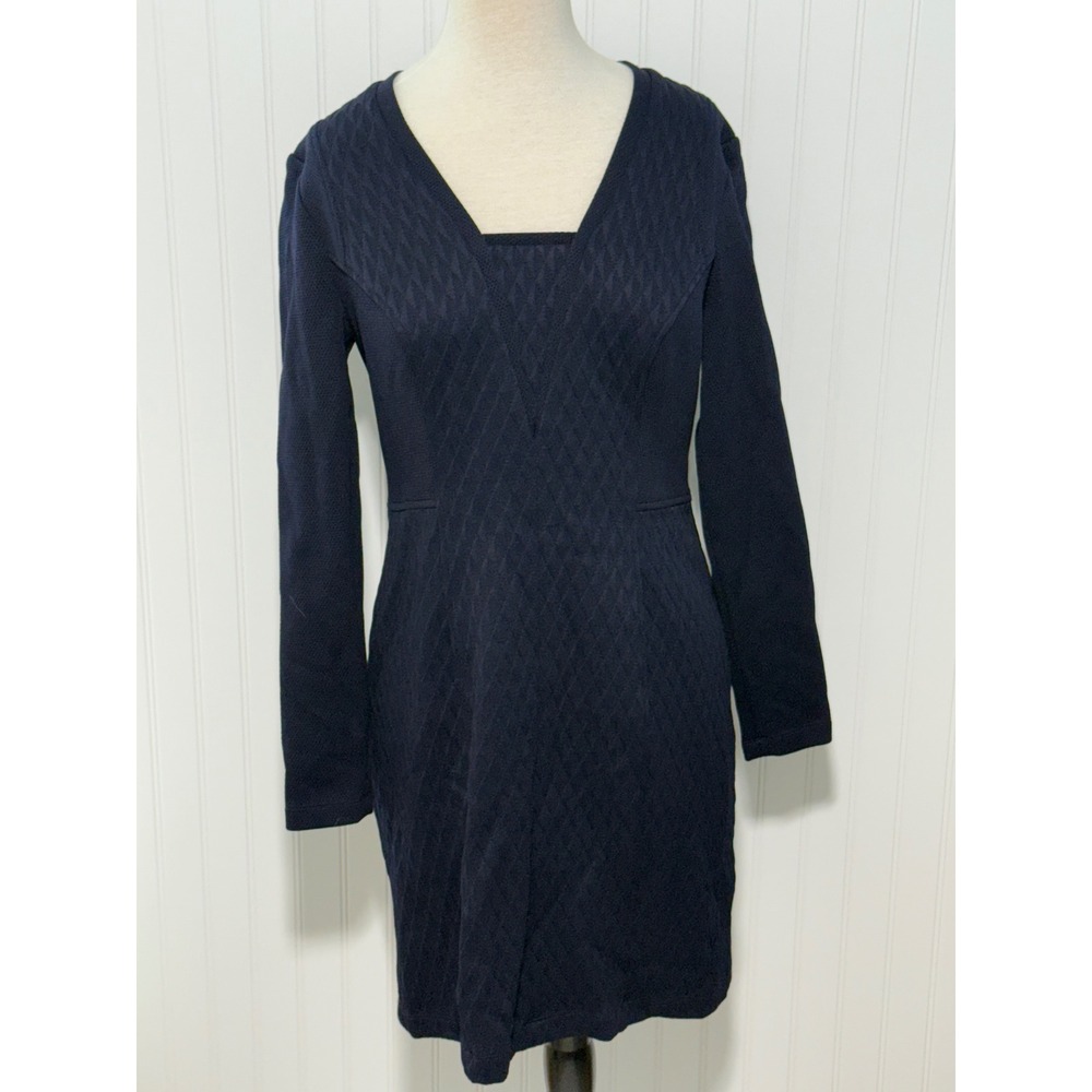 Shoshanna Long Sleeve V Neck Dress Navy‎ Blue Quilted Career Size 12